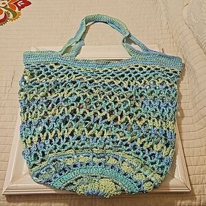 Hand Crafted Open Weave Beach Tote - Variegated Aqua & Blue